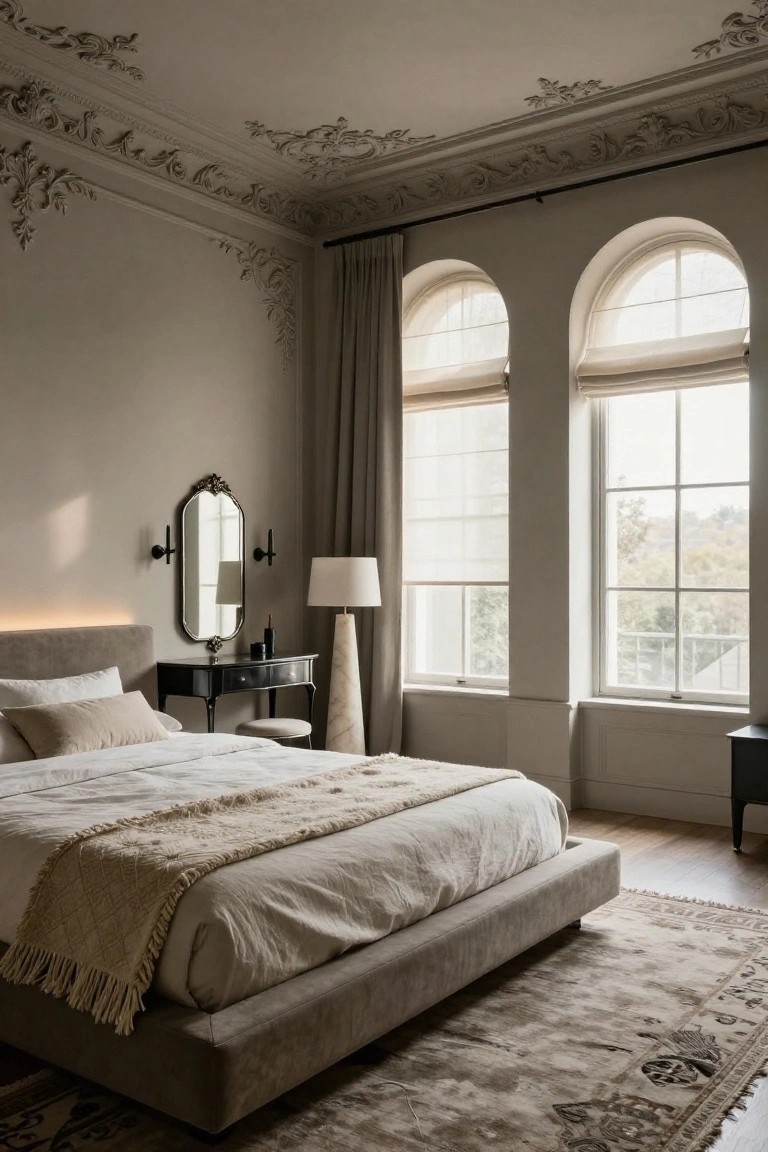 A beige bedroom with ornate plaster ceiling moldings, low gray upholstered platform bed draped in white linens and beige throw, black wood vanity with oval mirror and wall sconces, tall white lamp, arched windows with sheer shades, and beige area rug on wood floors.