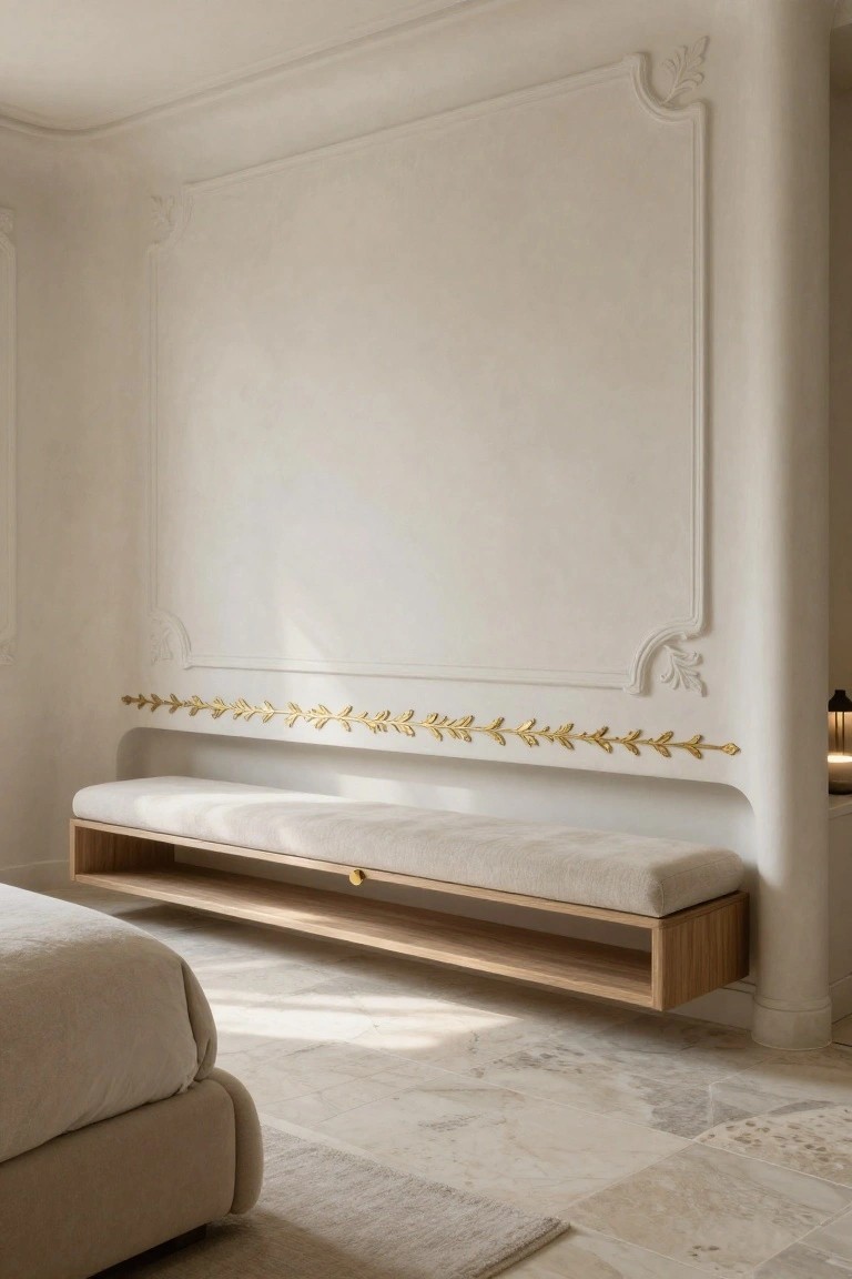 Recessed built-in bench with cream cushions and oak supports under ornate white plaster wall with gold leaf laurel motifs in a light bedroom with beige bed and stone floor.