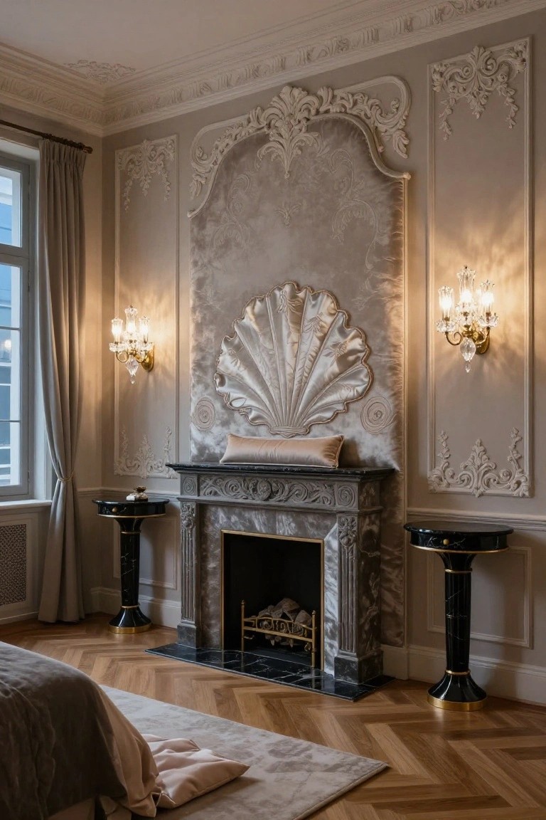 Bedroom interior with pale gray ornate walls a large scallop shell sculpture above a black marble fireplace black pedestal tables on either side wall sconces a bed and parquet flooring.