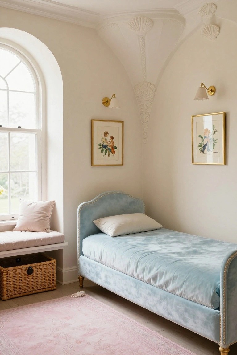 A cozy bedroom interior with a light blue velvet single bed featuring a scalloped headboard and gold legs, pink rug, arched window with window seat, framed artwork, and ornate white ceiling moldings.