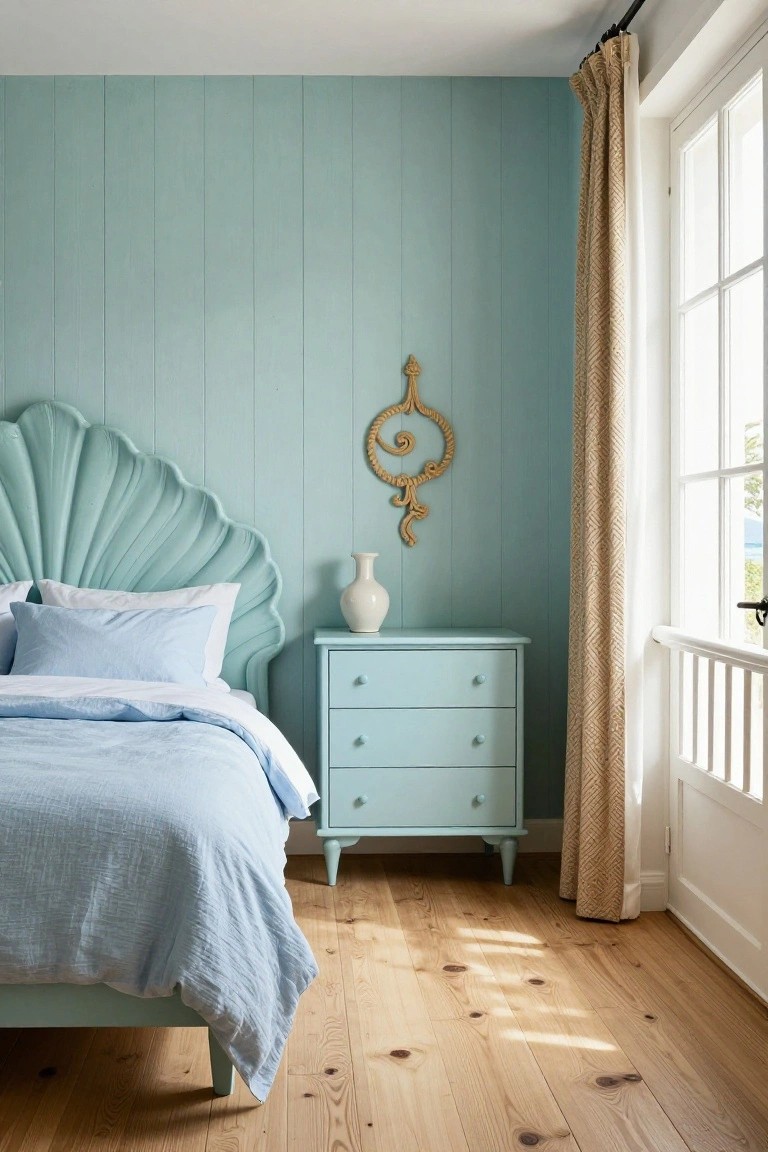 Bedroom with turquoise scalloped seashell-shaped headboard, matching three-drawer nightstand, white pillows and light blue linen duvet on bed, turquoise paneled walls, beige curtained window overlooking water, wooden floors.