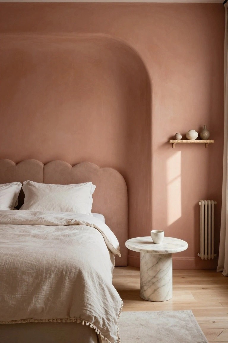 Bedroom interior with terracotta curved plaster wall arch, matching scalloped upholstered headboard, bed with white linen bedding, marble pedestal side table holding a white cup, wooden shelf with ceramic vases, white radiator, and sheer curtain beside oak flooring.