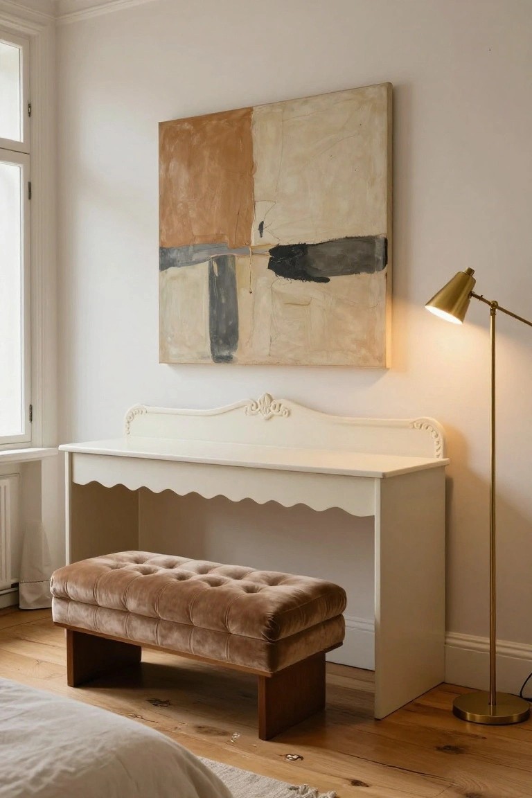 White scalloped console table with ornate carved top edge used as a vanity, paired with tufted brown velvet bench on wood legs, gold arched floor lamp, and large abstract painting on white wall next to a window in a bedroom with hardwood floors.