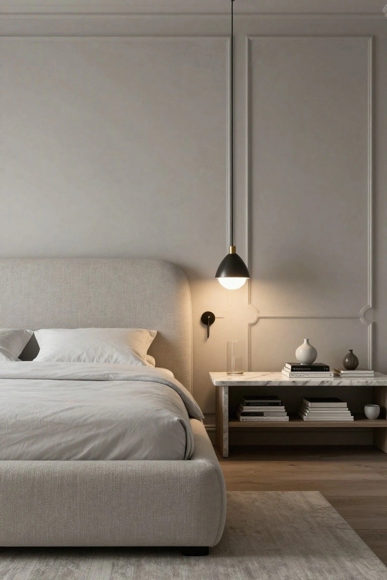 Modern bedroom with light gray paneled accent wall, beige curved upholstered bed, white marble nightstand holding books and vases, black pendant light, wall sconce, and light wood floors.