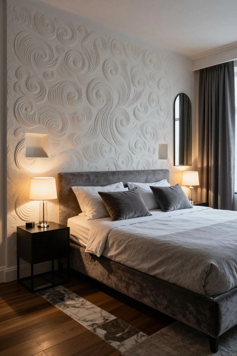A bedroom with white swirling raised plaster reliefs on the wall behind a gray velvet upholstered bed flanked by black nightstands and lamps, wood floors with marble runner, gray curtains, and arched mirror.