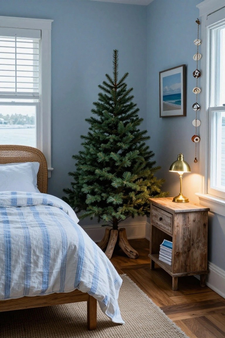 Slim green artificial Christmas tree in corner of light blue bedroom next to rattan bed with white striped linens, wooden nightstand holding brass lamp and books, window with blinds showing water view.