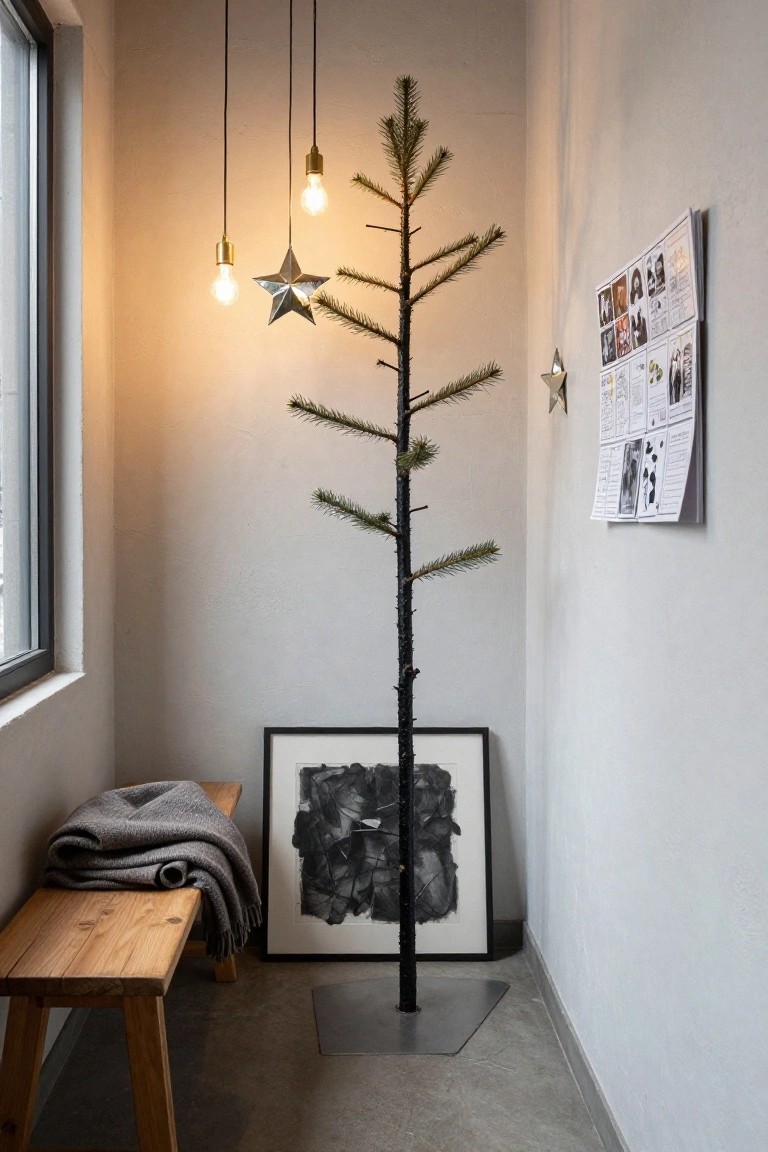 Tall slim black Christmas tree with sparse silver star ornaments in a minimalist light gray interior corner, next to wooden bench with gray blanket, black abstract framed artwork, pendant bulb lights, and wall posters.
