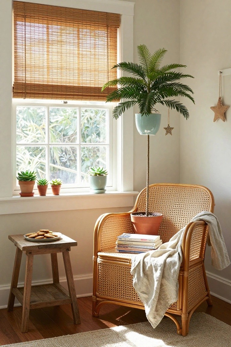 Corner of a light beige room with bamboo blinds over a window showing greenery outside, small potted succulents on the sill, tall slim faux palm in turquoise pot next to rattan armchair with books and throw blanket, wooden stool holding plate of cookies, wooden floor with cream rug.