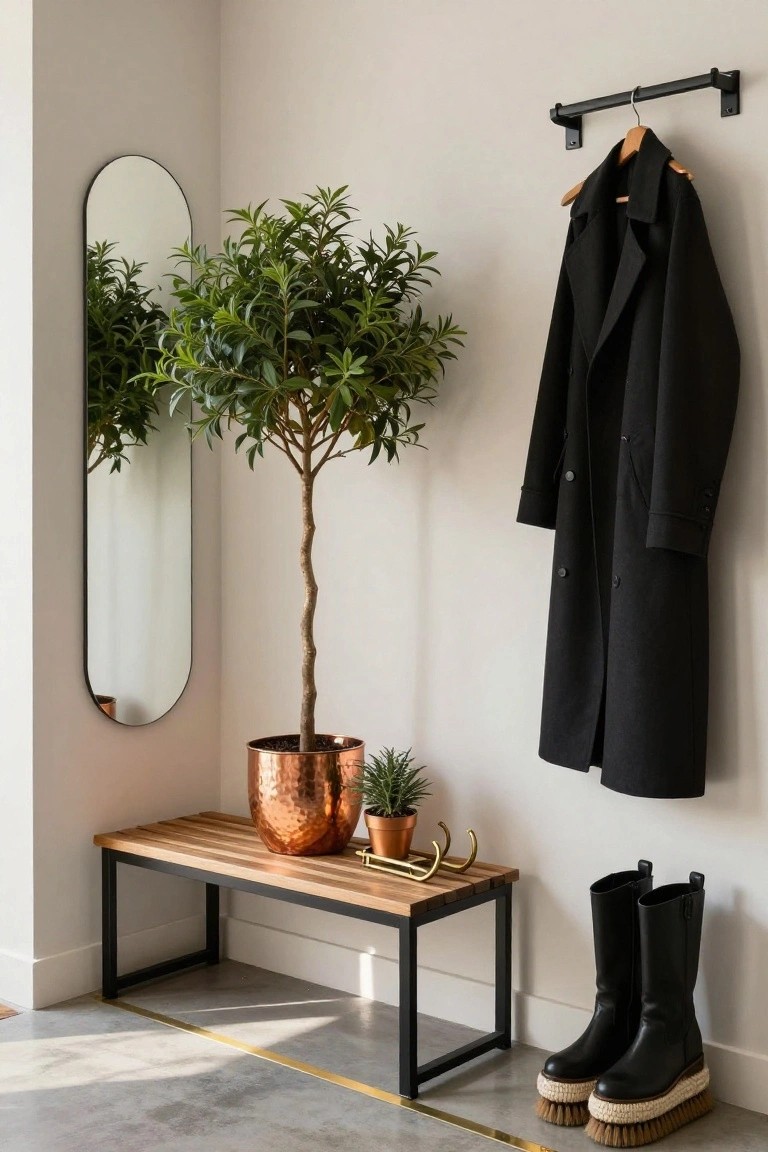 Modern entryway corner with arched black mirror, tall potted tree plant in copper pot, smaller potted succulent, wooden slat bench on black metal frame, black coat on wall hook, and black platform boots on concrete floor.