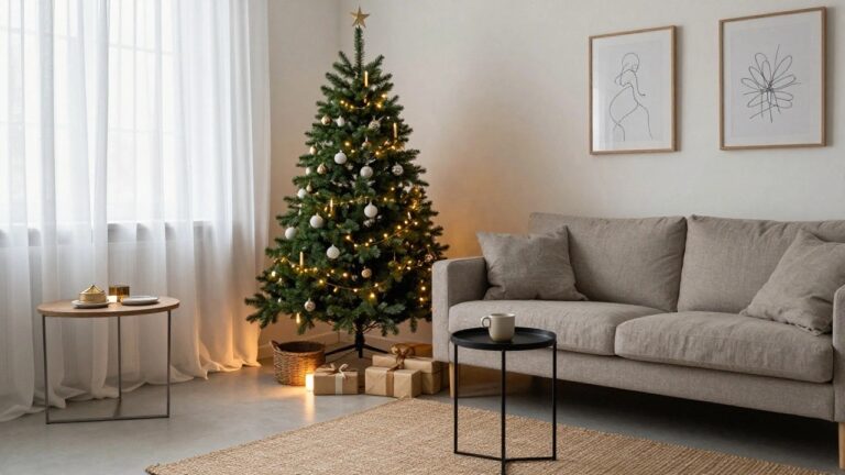 Modern living room featuring a slim lit Christmas tree positioned between two light gray sofas, with warm string lights, neutral decor, a black side table, and a candle on the floor.