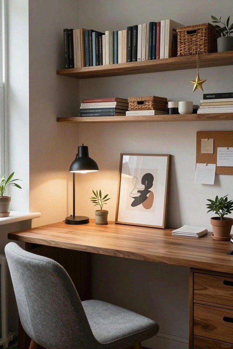 Home office corner with wooden desk and drawers, gray upholstered chair, black desk lamp, potted plants, bookshelves with books and baskets, framed abstract art, corkboard with notes, and a gold star ornament hanging from the shelf.