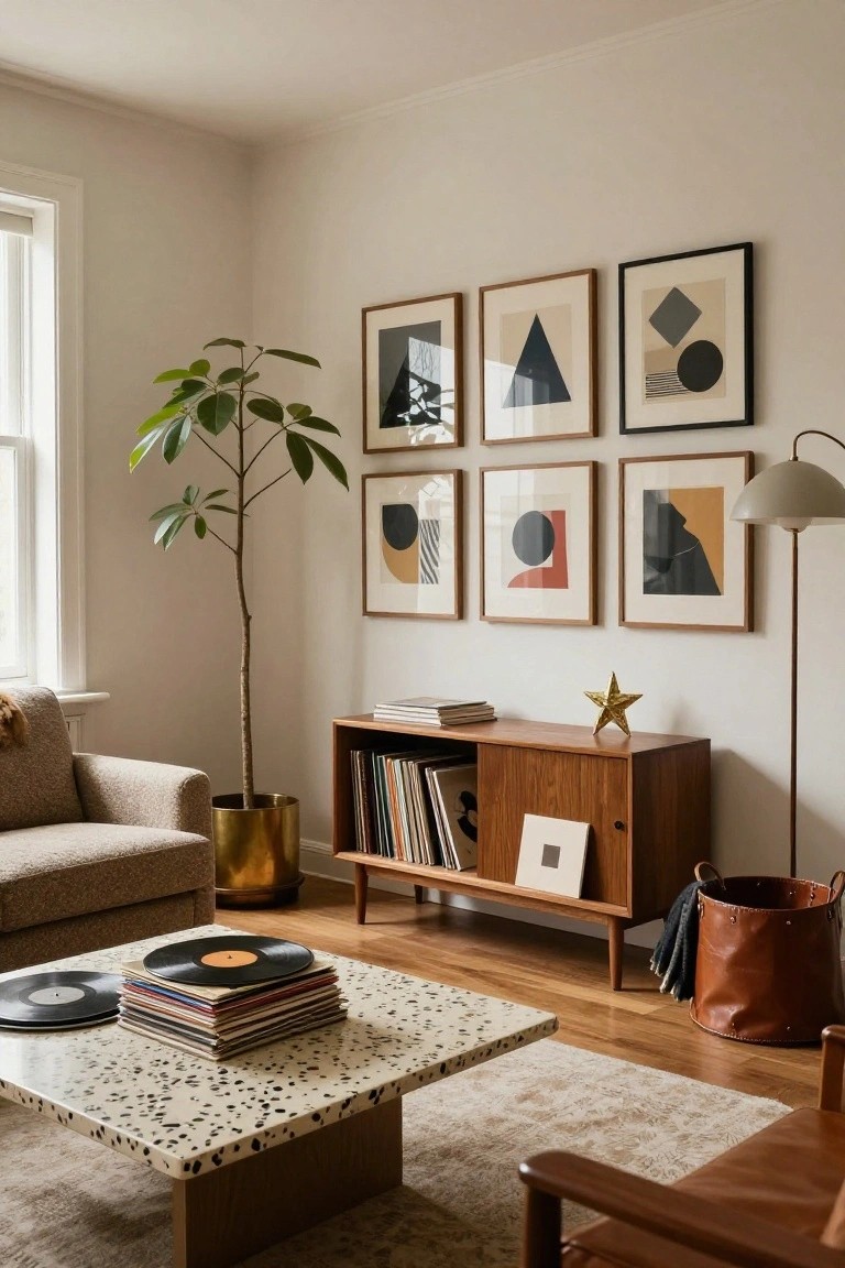 Modern living room corner with wooden credenza holding stacked vinyl records, books, and a gold star ornament, flanked by abstract framed art on beige walls, a tall potted plant in gold pot, beige lamp, and terrazzo coffee table with record stacks.