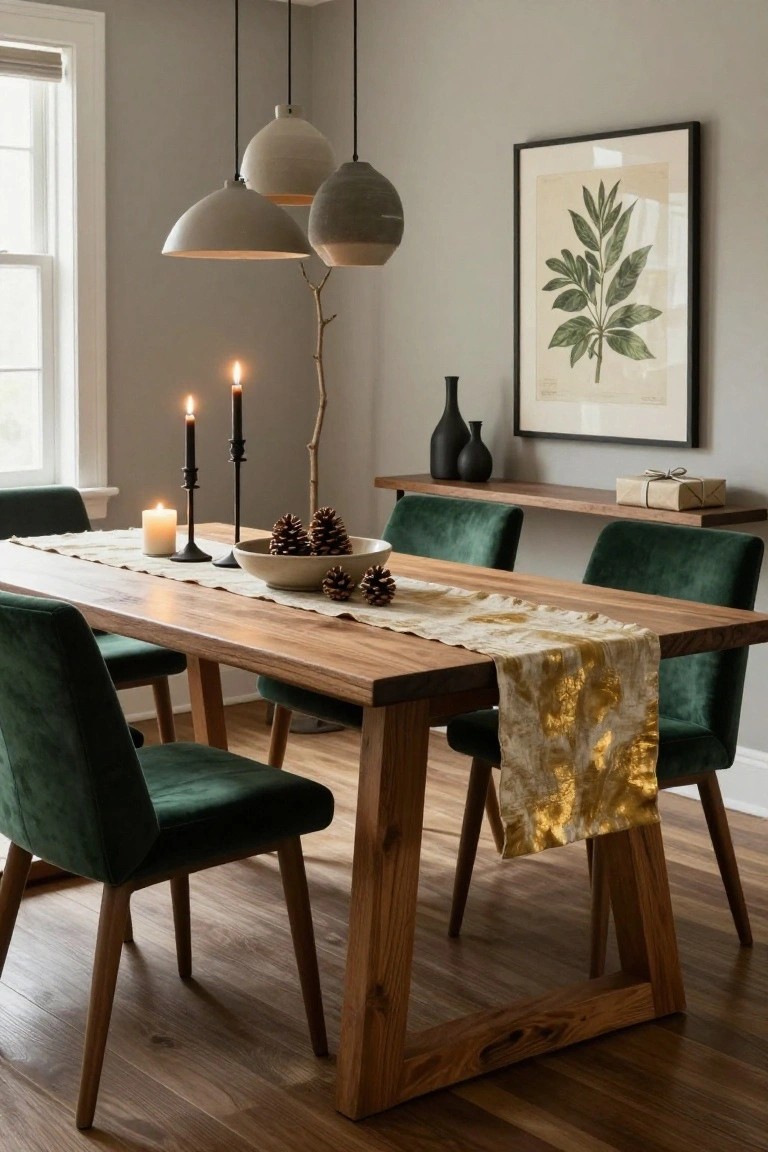 Modern dining room with light wood trestle table covered by gold runner, white bowl of pinecones and candles, green velvet chairs, black candleholders, pendant lights, and gray walls.