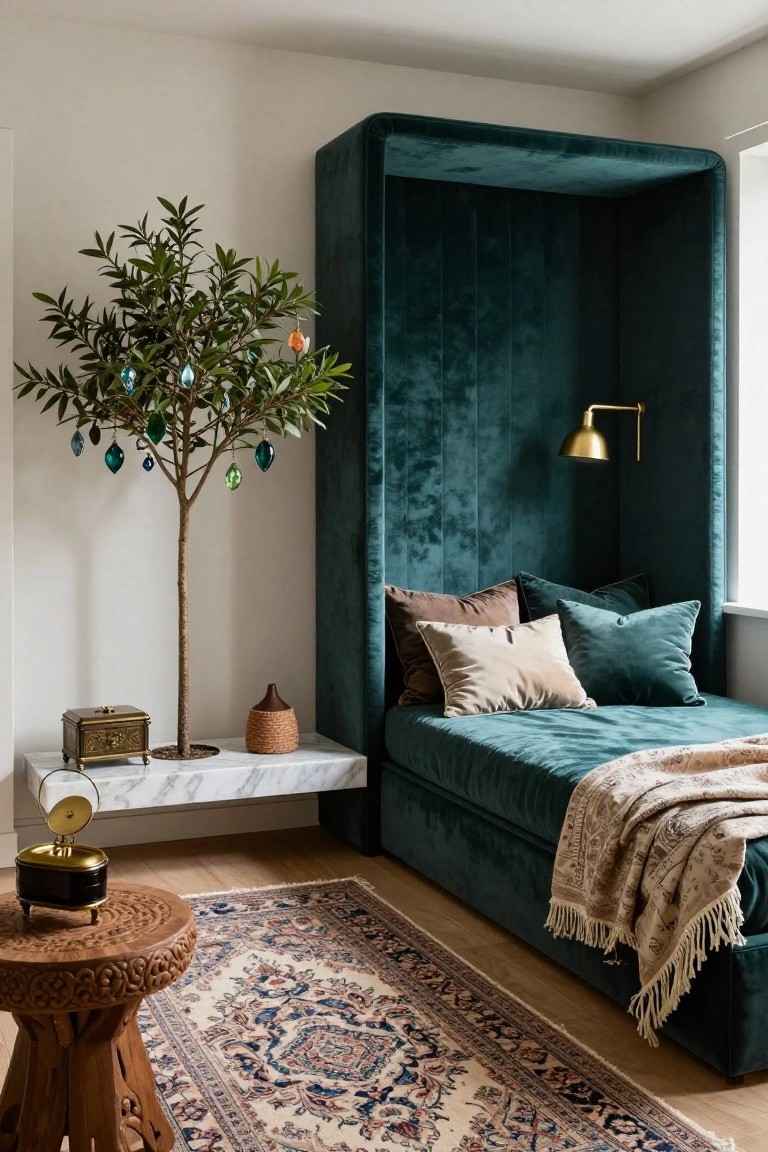 Slim potted olive tree decorated with blue and green glass ornaments stands beside emerald green velvet bed with beige pillows, marble shelf, brass accents, woven stool, and Persian rug in bedroom corner.