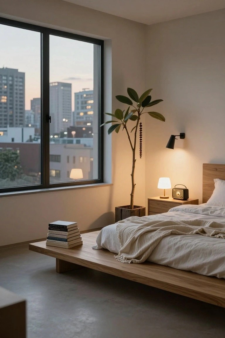 Minimalist bedroom with wooden bed, city view, plant, and stacked books.