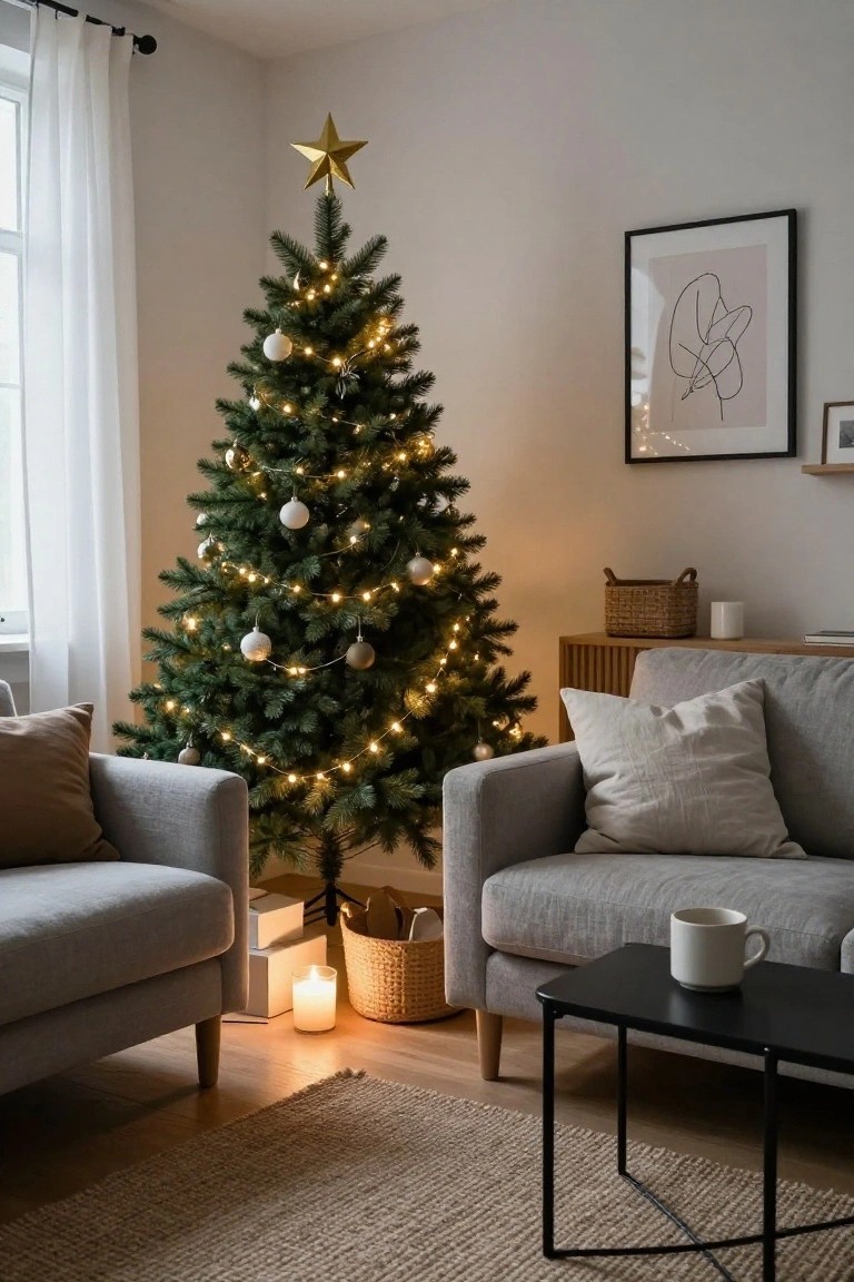 Modern living room featuring a slim lit Christmas tree positioned between two light gray sofas, with warm string lights, neutral decor, a black side table, and a candle on the floor.