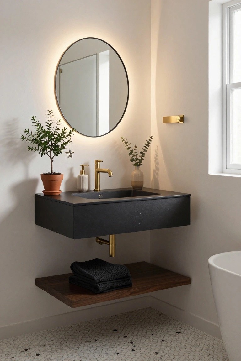 Modern bathroom corner with floating black sink, gold faucet, round backlit mirror, potted small evergreen tree with silver star ornament, eucalyptus vase, and walnut shelf holding black towels above white hexagonal floor tiles.