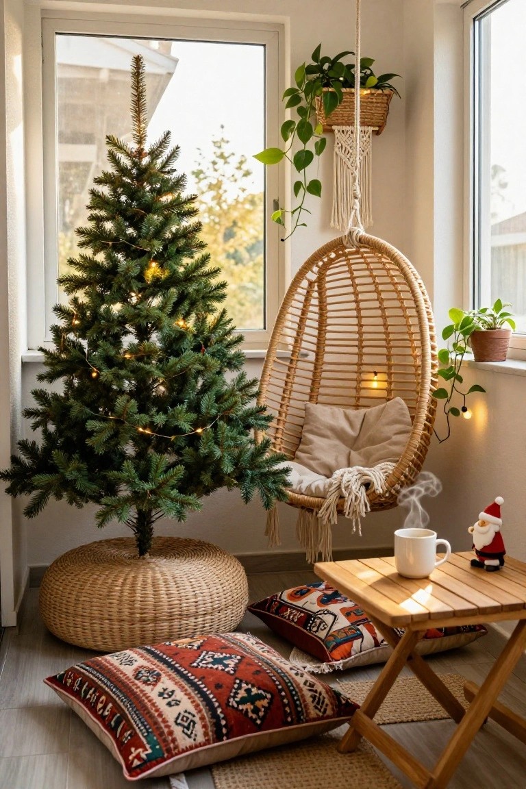 Small lit artificial Christmas tree on woven base in sunny indoor balcony corner with hanging rattan chair, plants, wooden side table, mug, and Santa figurine.
