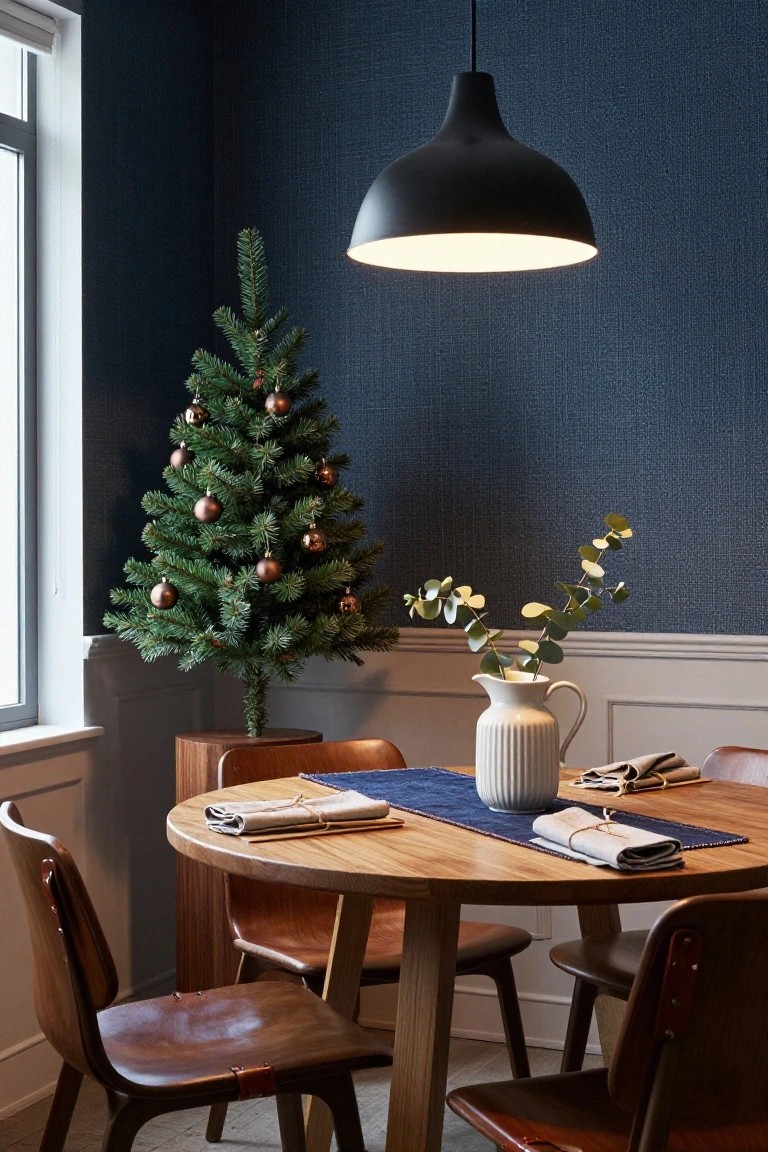 Small artificial Christmas tree decorated with bronze baubles stands on a wooden pedestal next to a round oak dining table set with linen napkins and a white jug in a dark blue-walled room with wooden chairs and a black pendant light.
