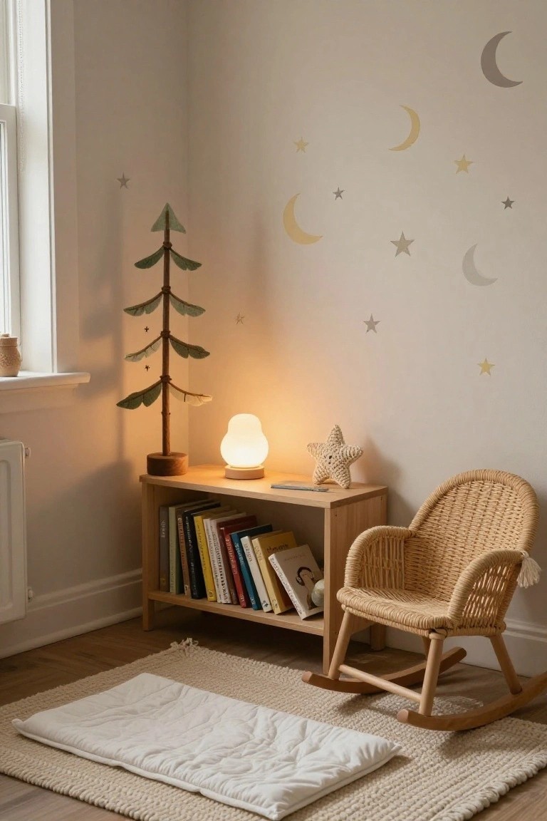 Corner of a light beige nursery room featuring a slim green leaf-shaped Christmas tree on a wood base next to a glowing white lamp on a wooden shelf with books, a woven star decoration, rattan rocking chair, white mat, and moon and star wall stickers.