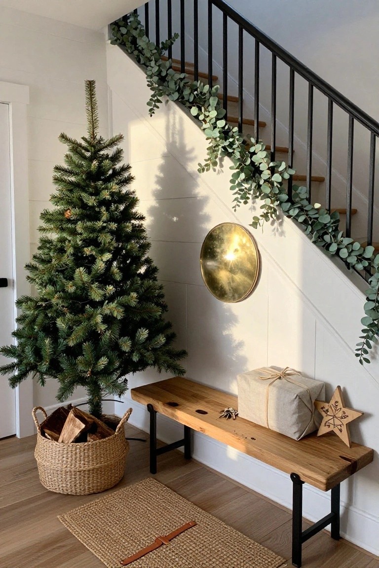 Indoor entryway with slim green artificial Christmas tree in a woven basket of firewood next to wooden bench holding wrapped gifts and keys, eucalyptus garland on black metal staircase railing, gold circular mirror on white shiplap wall, seagrass rug on wood floor.