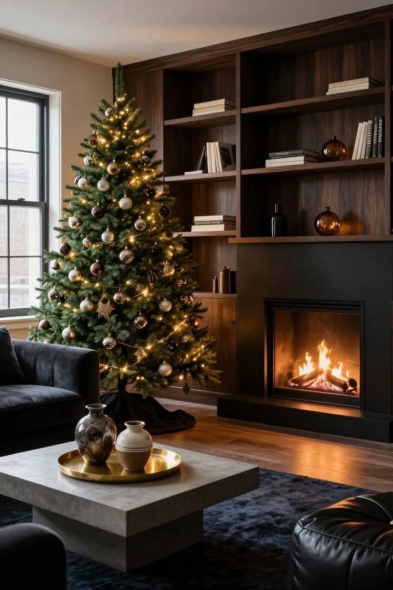 Modern living room interior featuring a slim lit Christmas tree decorated with metallic gold and bronze ornaments positioned next to a black fireplace, flanked by dark wood bookshelves, with a gray velvet sofa, concrete coffee table, and decorative vases.