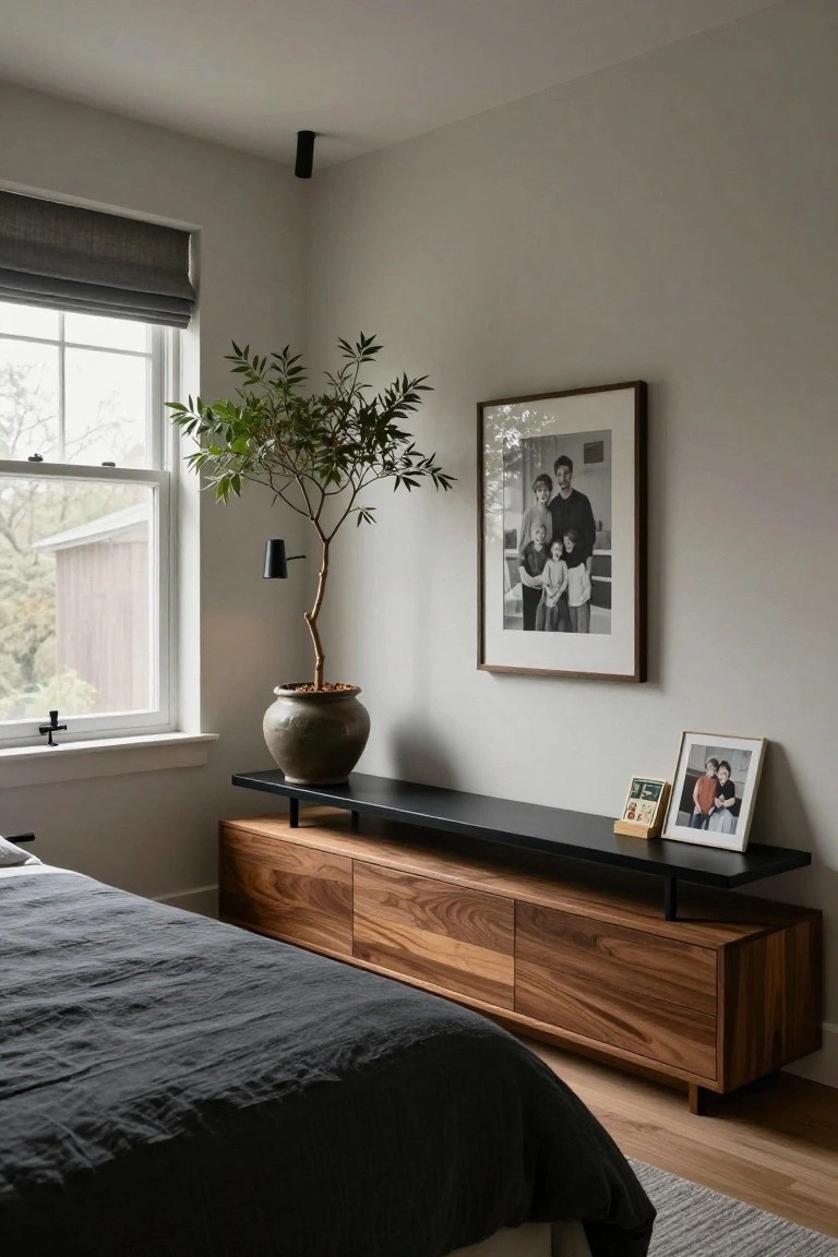 Corner of a modern bedroom with a low black console unit featuring wooden drawers underneath, a tall potted olive tree on top, two framed family photos on the wall, a bed with dark gray linens nearby, and a window with gray roman shades.