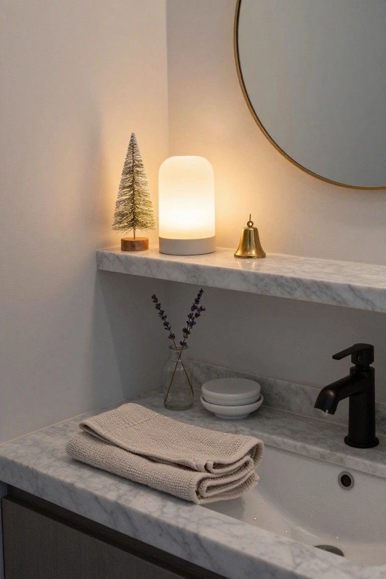 Modern bathroom vanity with white marble floating shelf holding small flocked Christmas tree on wood base, white cylindrical lamp, gold handbell, lavender stems in glass vase, above undermount sink with black faucet, folded beige towels on marble countertop, round gold mirror on wall.