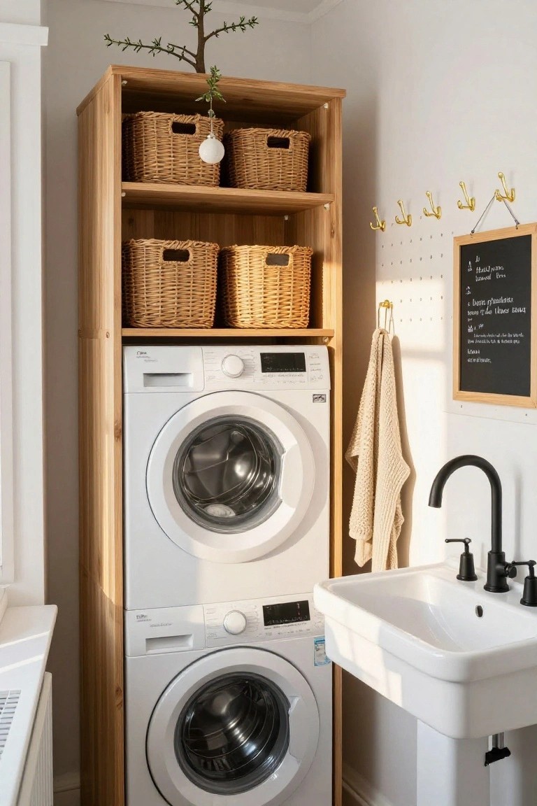 Tall wooden shelving unit with wicker baskets topped by a slim potted Christmas tree and hanging white ornament, positioned above stacked white washer and dryer next to a white sink in a light-colored laundry room.