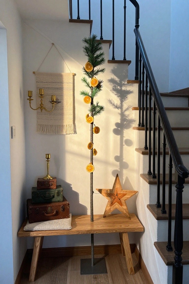 A tall slim artificial Christmas tree decorated with dried orange slices stands next to a wooden bench in a sunlit stairwell area with brass candlesticks, a woven wall hanging, and stacked vintage suitcases.
