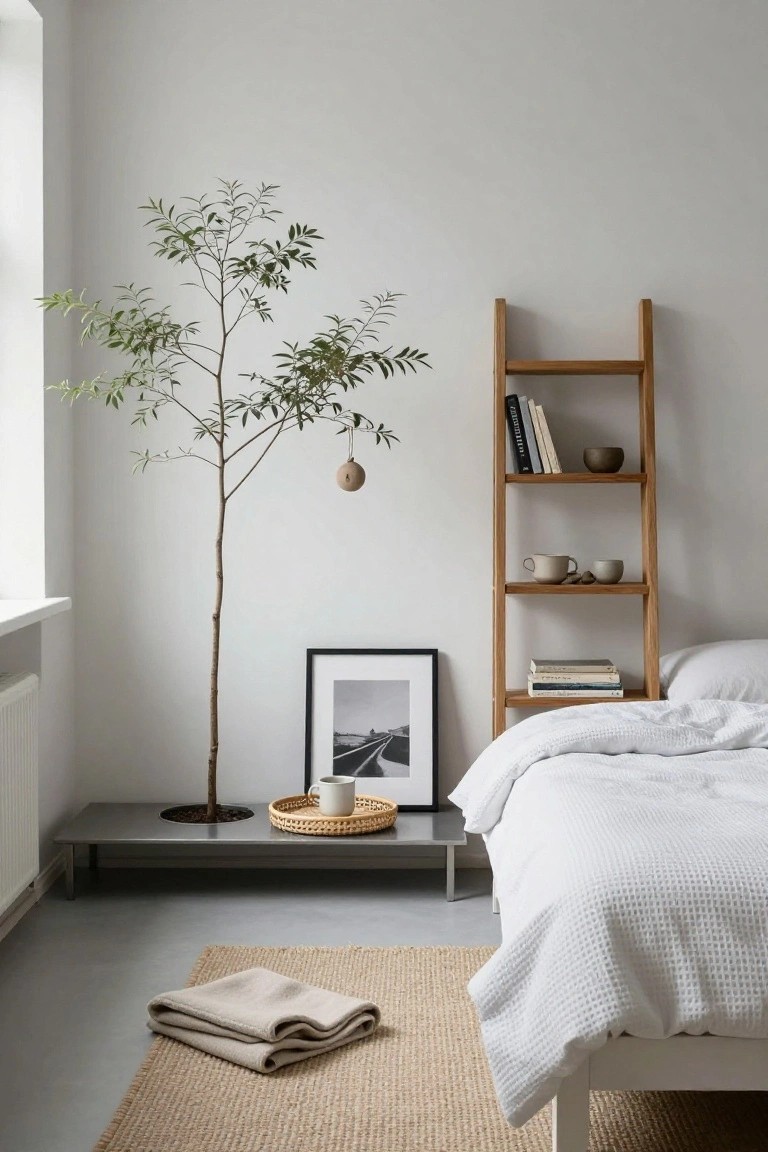 Modern minimalist bedroom with slim potted olive tree and hanging wooden ball ornament next to low metal table, wooden ladder shelf holding books and ceramics, white quilted bed, and seagrass rug on concrete floor.