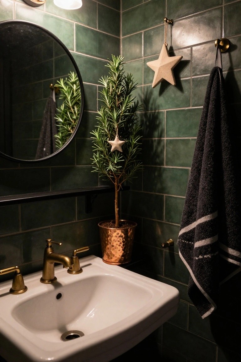 Dark green subway tile bathroom corner with slim potted rosemary tree decorated with white star ornaments next to white sink, brass faucet, black towels on hooks, and round black mirror.
