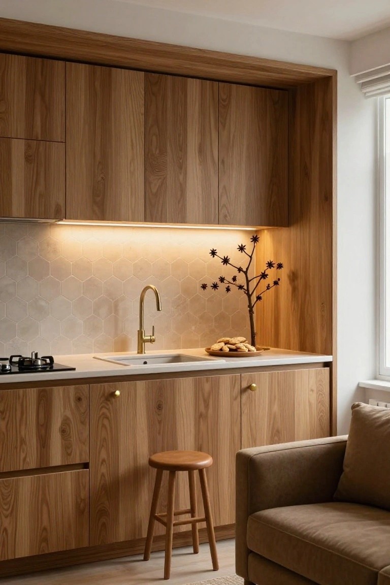 Modern kitchen interior with full-height warm wood cabinets, hexagonal beige tile backsplash, gold gooseneck faucet, white sink, gas cooktop, counter with star anise branches on a plate, wooden bar stool, and adjacent beige sofa on light wood floor.