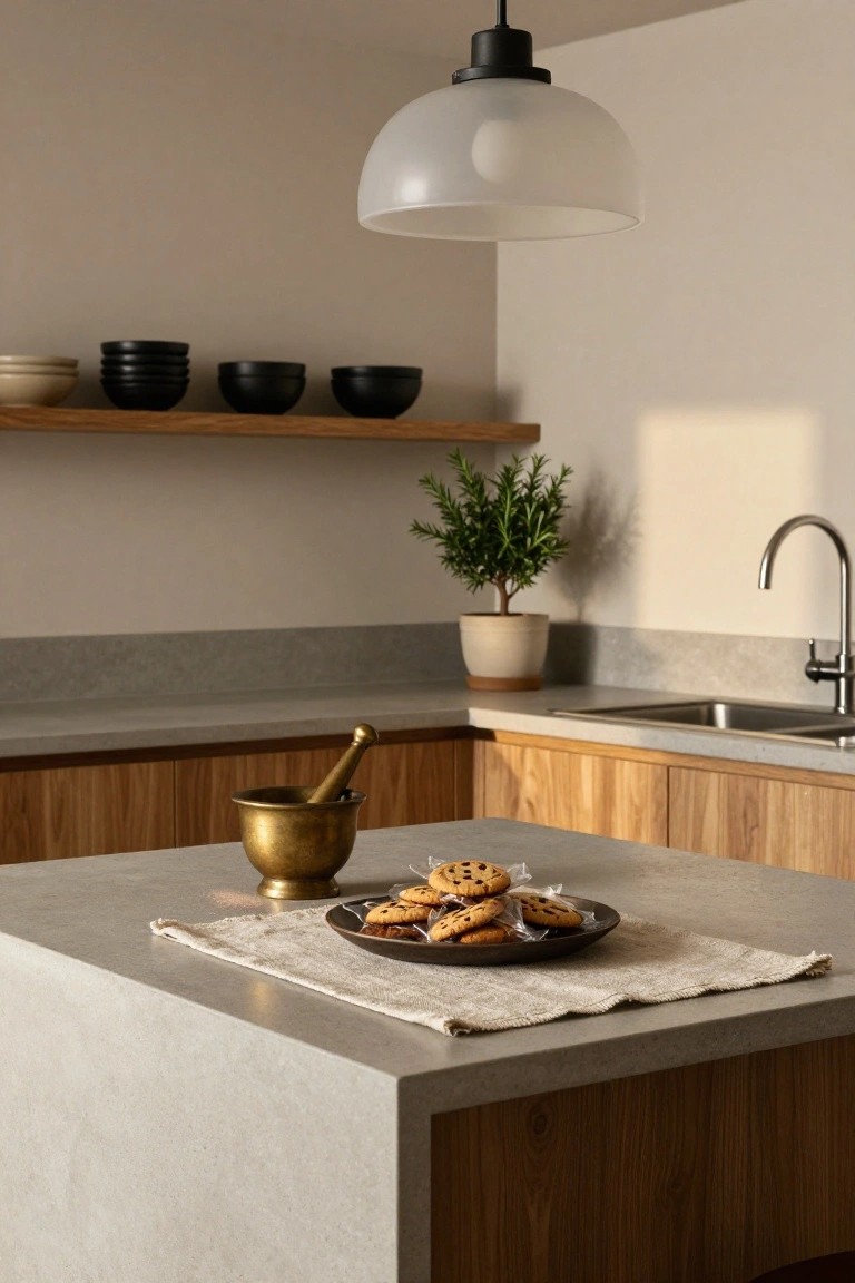 Modern kitchen island with chocolate chip cookies on a black plate over a linen placemat, brass mortar and pestle nearby, light wood cabinets, gray countertops, open wood shelves holding stacked black bowls, rosemary plant by the sink, and white glass pendant light overhead.