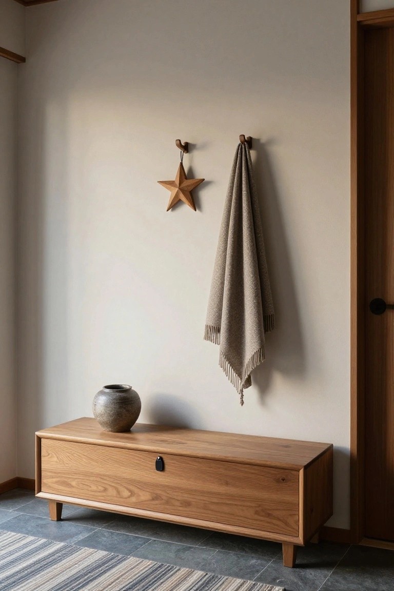 Beige interior corner featuring a low wooden storage bench with lid, gray pottery vase on top, beige towel hanging from wooden hooks, wooden star ornament nearby, and wooden sliding door with striped rug on tiled floor.