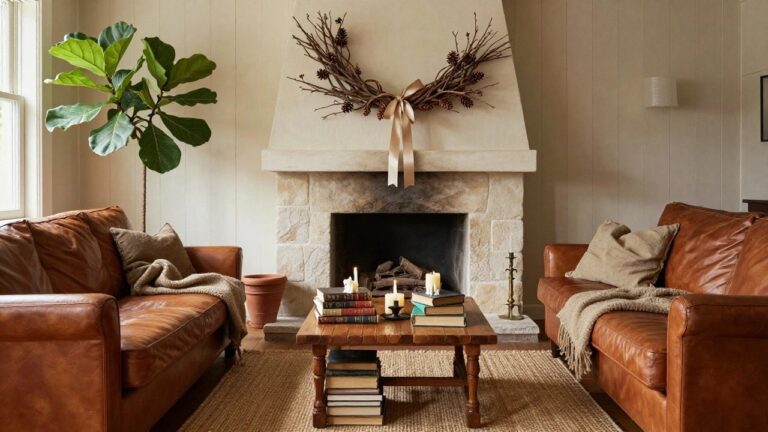 Indoor corner with a natural evergreen and eucalyptus wreath on a rectangular wooden board mounted on a beige wall above a wooden bench holding two seagrass baskets with white blankets and a pair of brown rubber boots, a brass lamp with stacked books on the bench, and a window with blinds nearby.