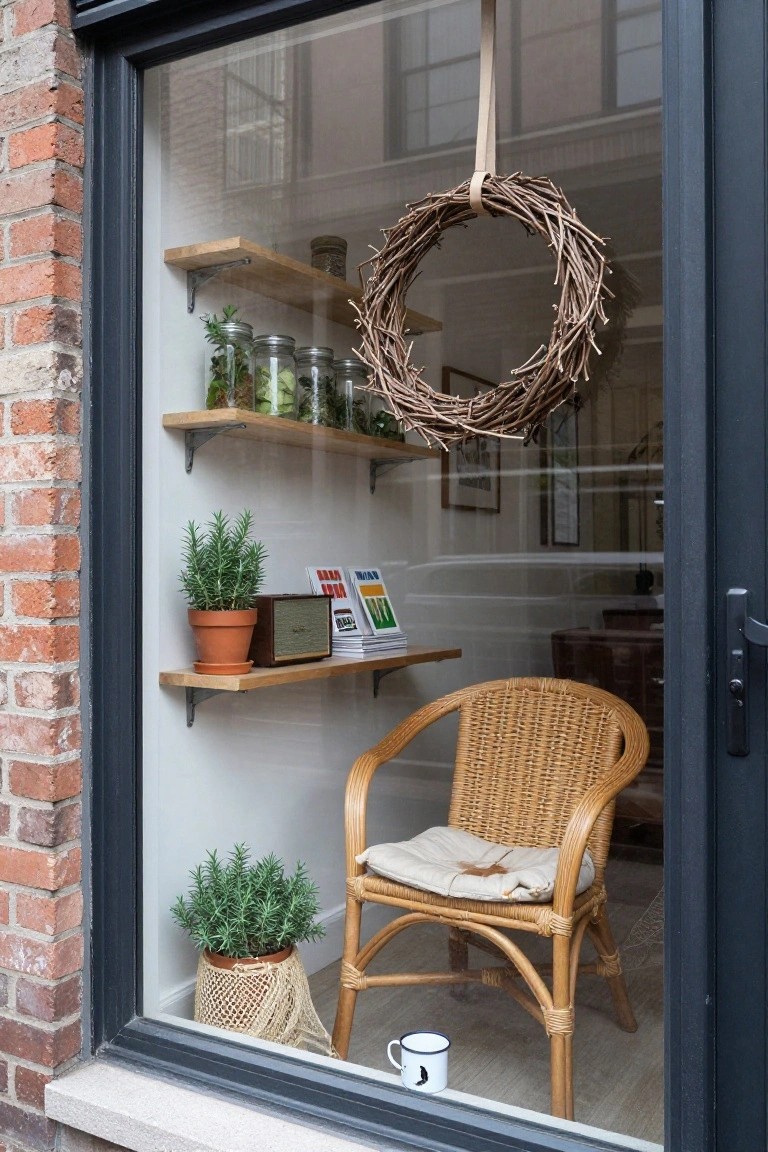 White open shelving unit stocked with jars, towels, and utensils stacked above a white front-loading washing machine in a light gray laundry room, with a natural twig wreath accented by white berries hanging on the adjacent wall, a wooden drying rack, galvanized metal tub on a stand, potted fern, and woven rug on wood floor.