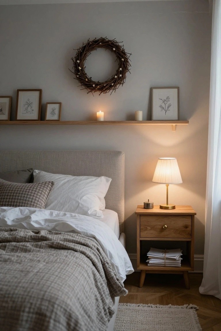 Round black-framed mirror with a crescent-shaped wreath of twigs and dried lavender hanging from a leather strap, above a gray stone vessel sink on a wooden vanity in a white-tiled bathroom.
