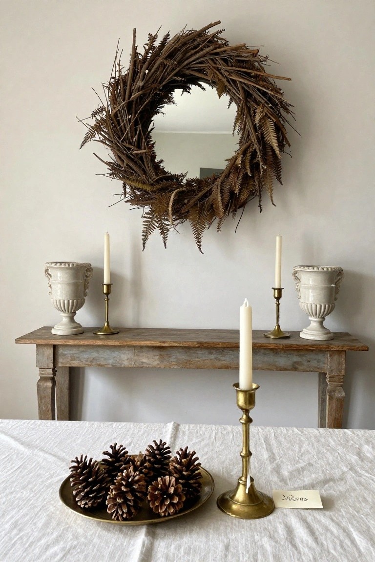Dark wood mudroom cabinet open to show hanging coats, two woven baskets on a wood bench, green rubber boots in the base, and a twig wreath with oyster shells and ribbons on the door.