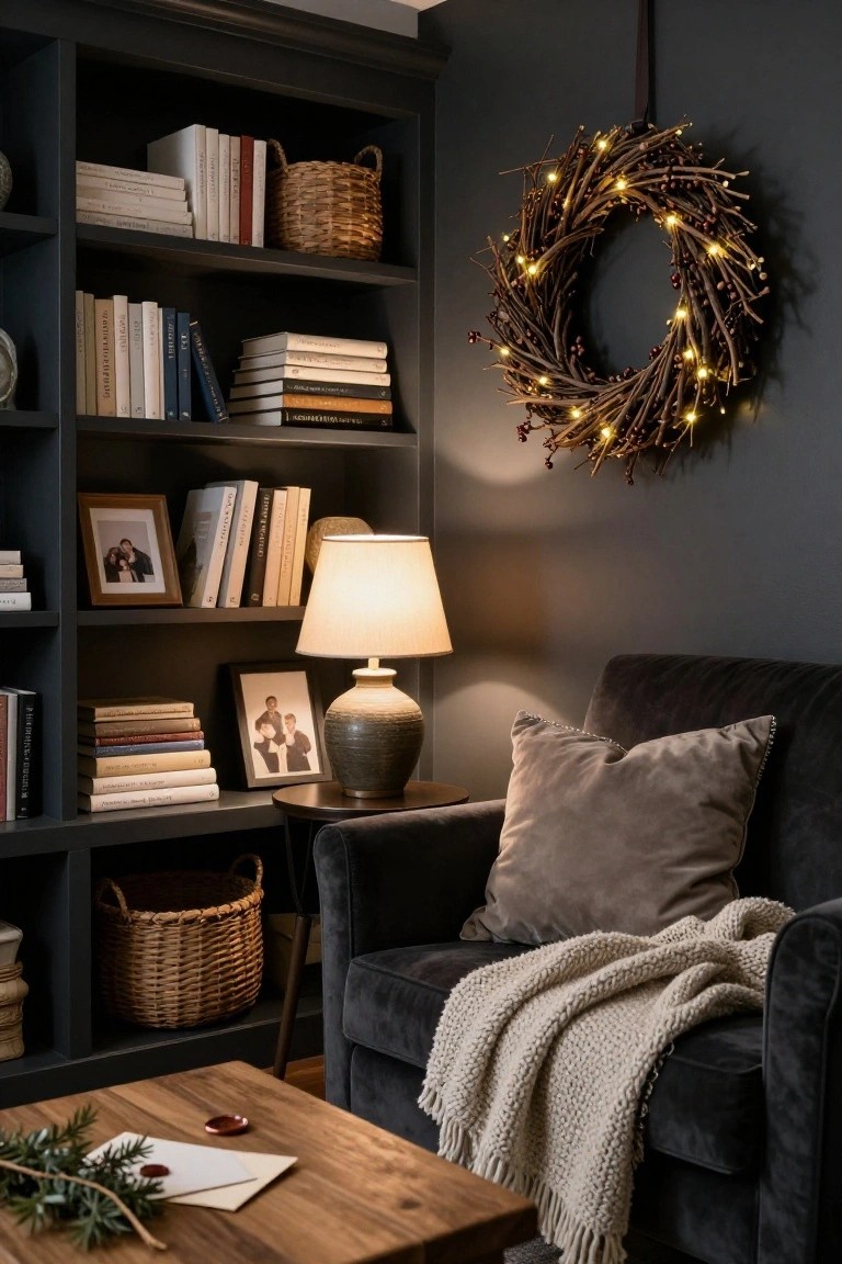 A bedroom featuring a large circular natural twig and evergreen Christmas wreath hung on a white wall above a rattan headboard bed with white and beige linens, a bedside table with lamp, a bench at the foot of the bed, and a woven basket holding shoes on the floor.