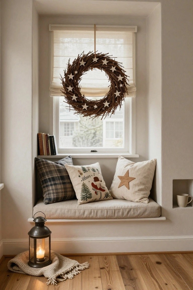 Small powder room with white pedestal sink on blue wainscoting, round mirror framed by natural twig wreath with greenery and shells, potted holly plant on shelf, and beige towel on wooden hook.