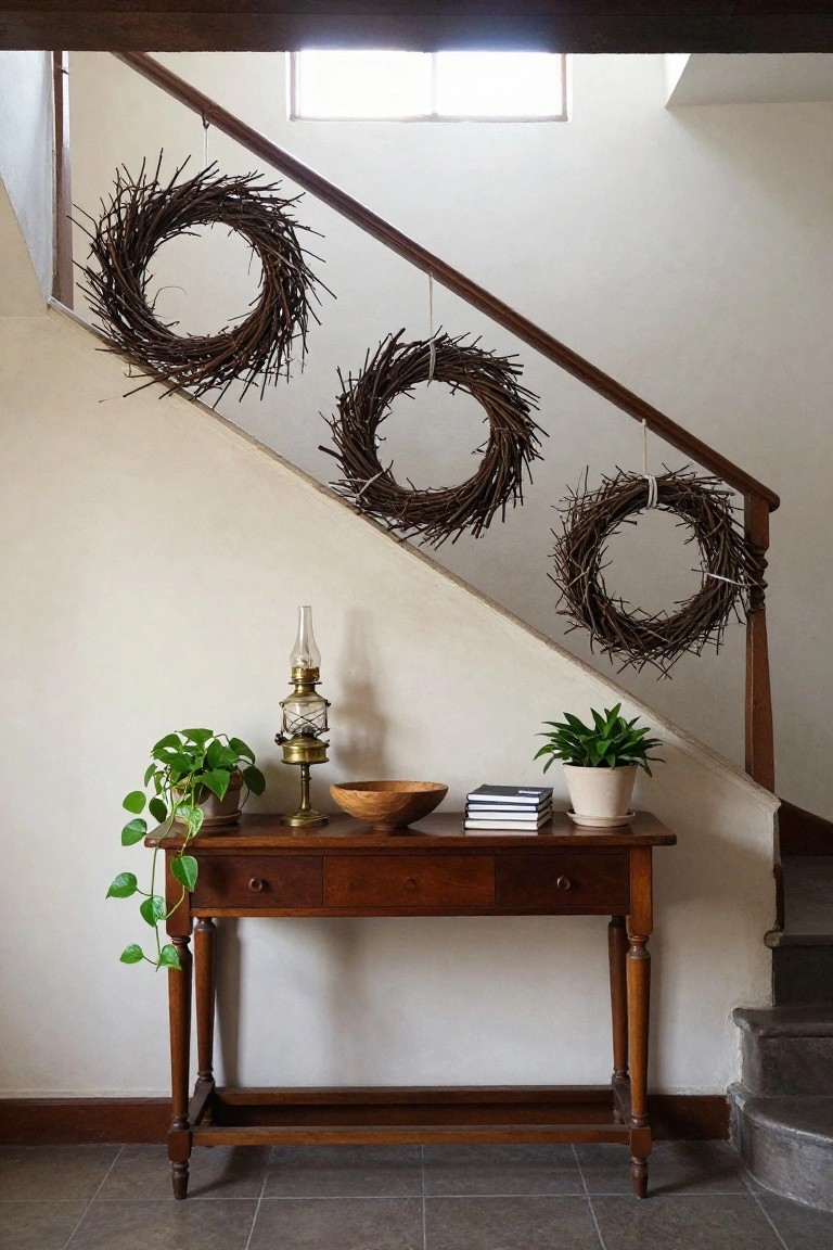 Cozy nursery corner featuring a natural twig Christmas wreath on the wall above a wooden bookshelf with stuffed animals and books, a white fluffy rocking chair, basket of toys, and a tripod floor lamp.