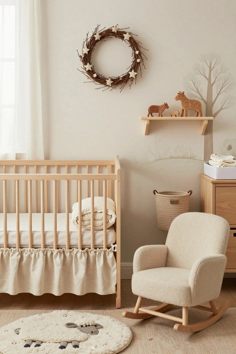 Natural twig wreath with eucalyptus leaves, copper bells, and burlap bow hanging inside on a multi-pane window, next to a beige armchair with plaid blanket, potted plant, stack of books, and mug on a wicker stool.
