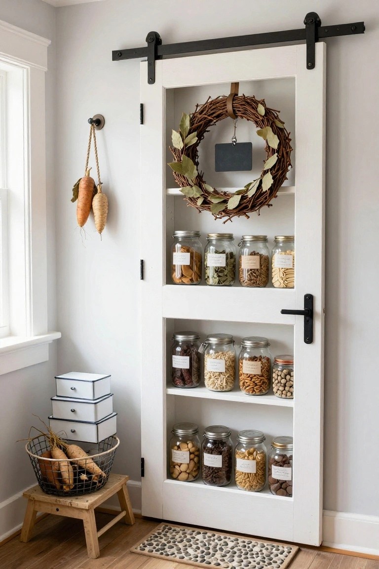 Hallway corner interior with wooden console table holding wicker basket and white tray of keys, black umbrella hanging from brass wall hooks, framed map leaning nearby, and large green foliage wreath with orange pods mounted on beige wall.