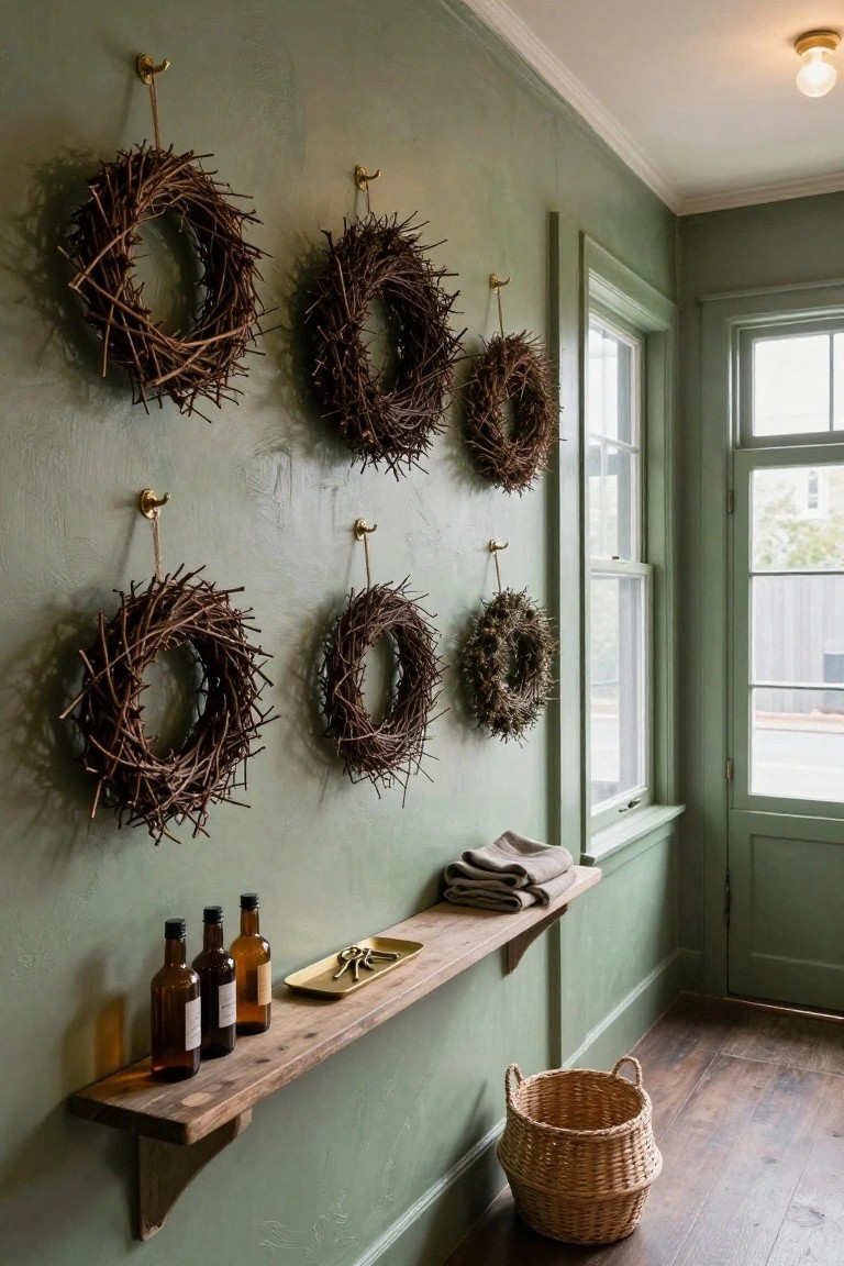 Green rosemary wreath tied with leather straps encircling a small framed mirror hangs above a wooden console table with brass candlesticks holding lit candles, potted red amaryllis in a terracotta pot, a silver bowl on a plate, and crystal decanters on a white runner against a beige wall.