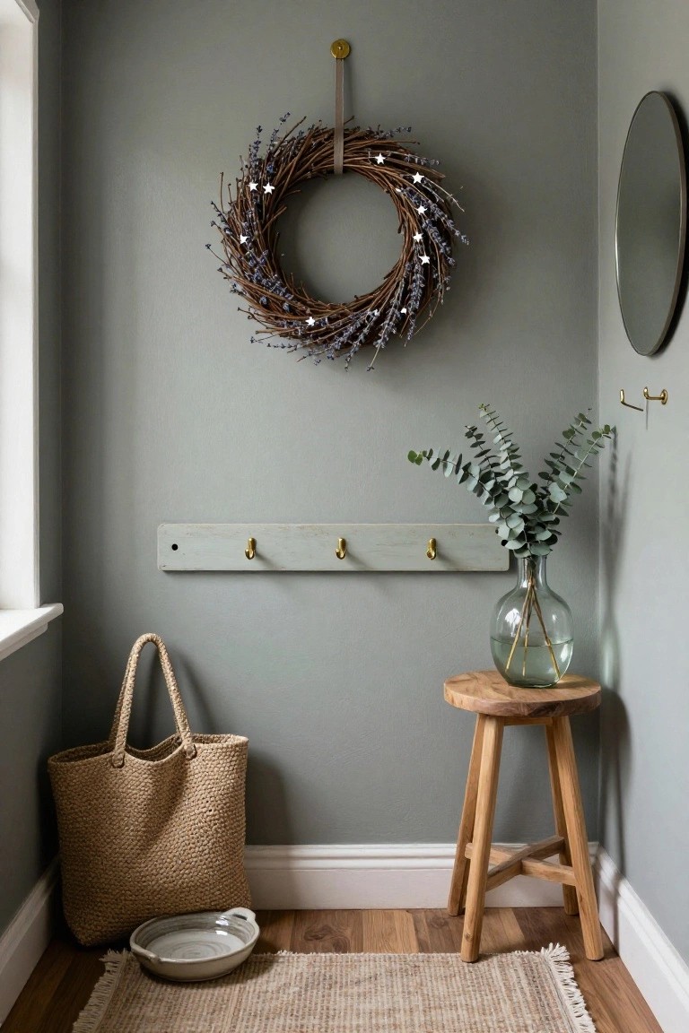Sage green kitchen cabinet with a twig wreath adorned with dried orange slices hanging on the door, copper pots on wooden shelves and counter, rosemary plant in pot, and white sink nearby.