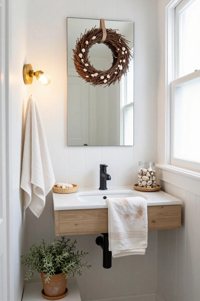 Concrete fireplace mantel with three ceramic vases, a natural twig wreath with moss and gold bell hanging above, firewood stacked inside the hearth and in a metal holder to the side, and a cream armchair with throw nearby on a wood floor.
