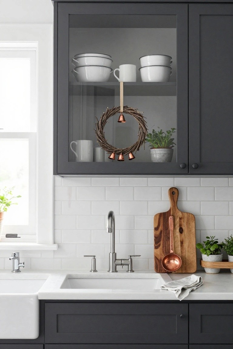 Round mirror encircled by a natural twig wreath with dried branches and seed pods hanging on a white wall above a black metal console table with stacked books, glass vase of branches, brass tray, and black vase, with a staircase reflected in the mirror.