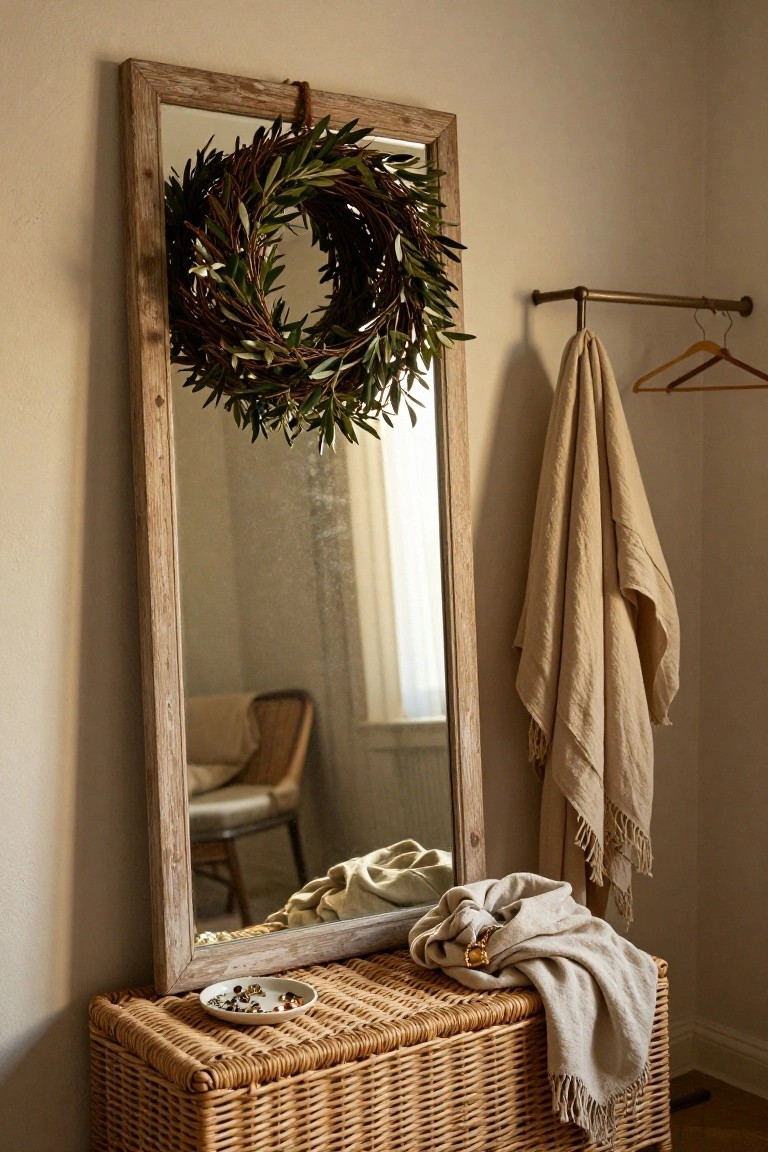 Natural twig Christmas wreath with red berries and white paper birds hanging above a wooden pegboard organizer holding beige and black hats and a gray towel, next to a framed map on a white wall with a radiator below.