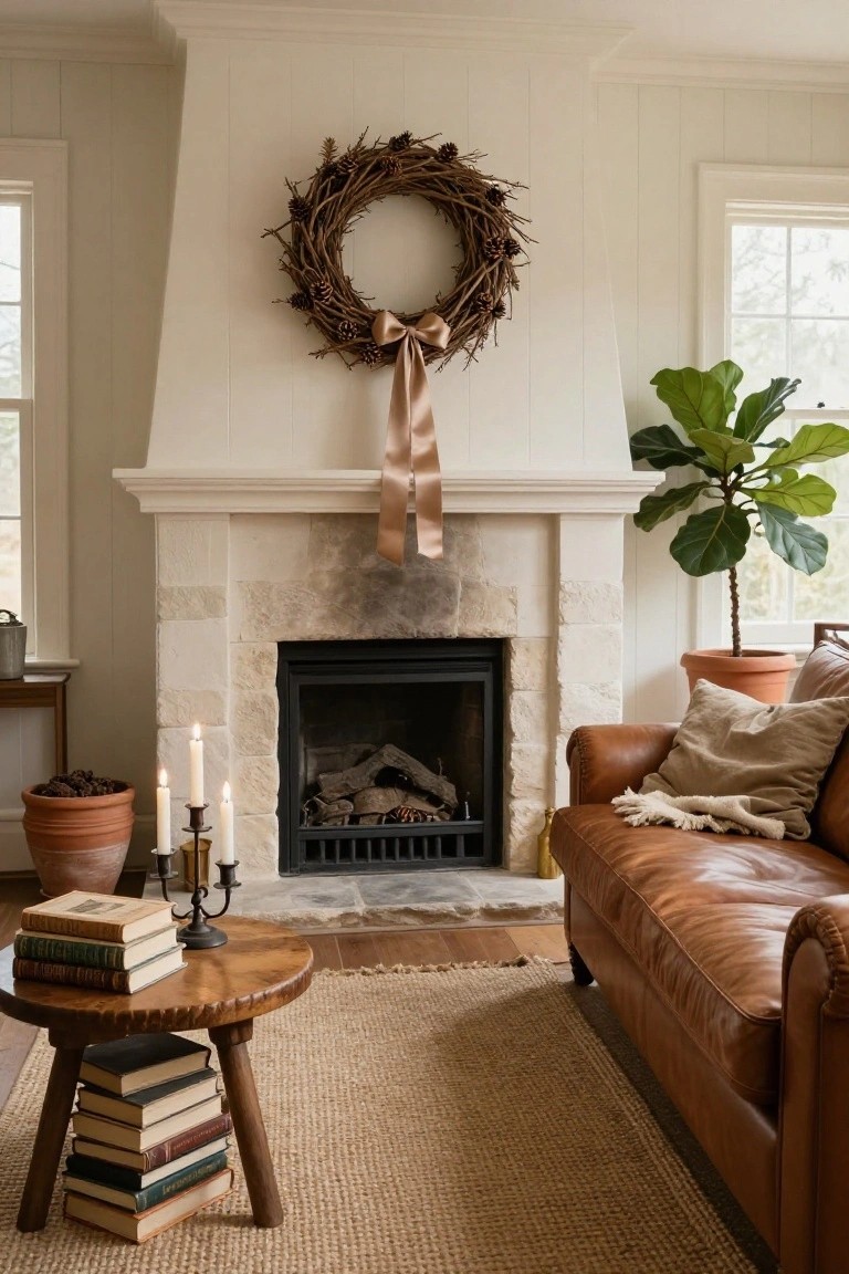 Indoor corner with a natural evergreen and eucalyptus wreath on a rectangular wooden board mounted on a beige wall above a wooden bench holding two seagrass baskets with white blankets and a pair of brown rubber boots, a brass lamp with stacked books on the bench, and a window with blinds nearby.